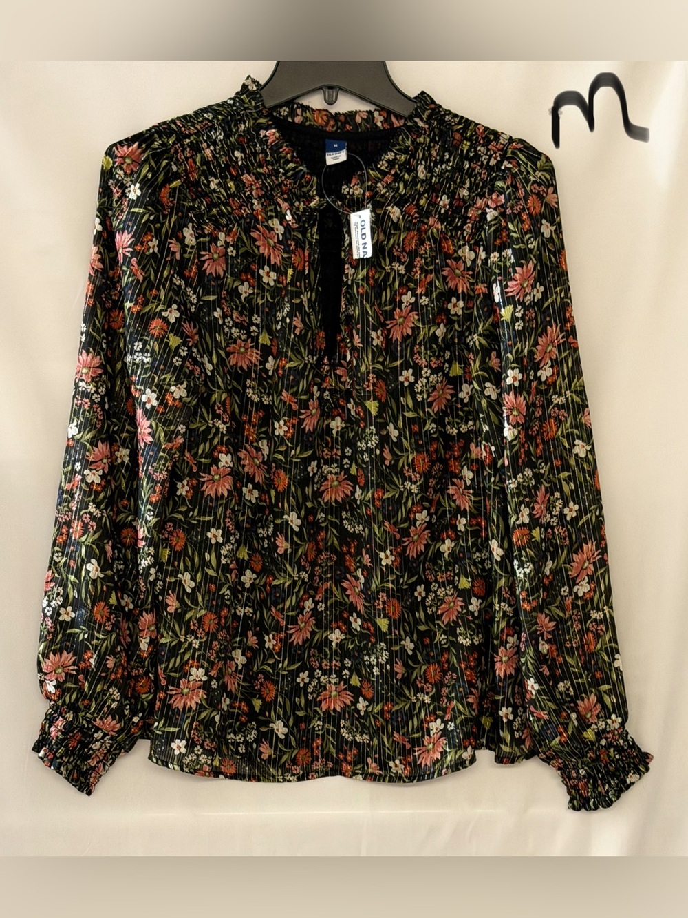 Old Navy Black Floral Smocked-Neck Long-Sleeve Blouse with Pink & Green Flowers